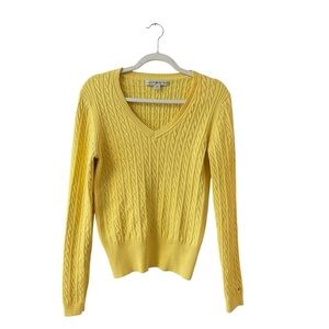 Vintage Tommy Hilfiger Cable Knit V Neck Sweater Yellow Cotton Preppy Size LG